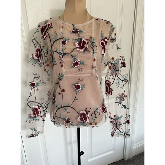 Endless Rose Long Sleeve Round Neck Embroidered Floral Mesh Top Beige/Red Size S - Picture 3 of 13